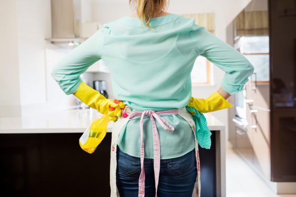 Rear view of woman standing with spray bottle and napkin in kitchen at home
